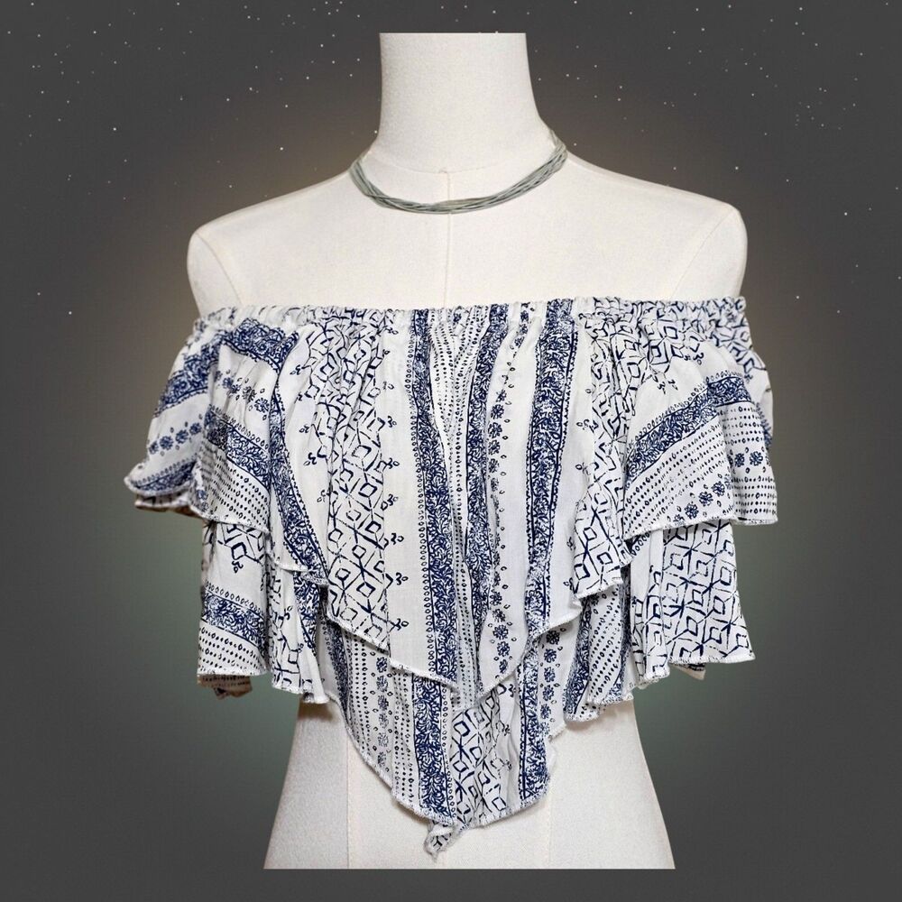 Ocean Drive Blue White Boho Ruffle Off Shoulder Crop Top Womens Medium